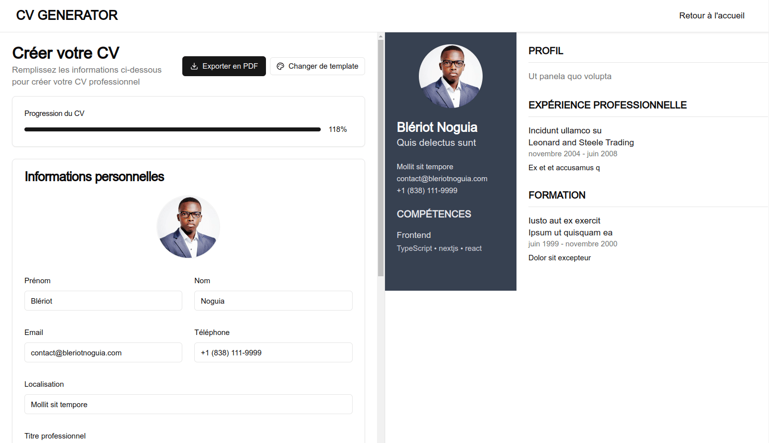 Screenshot of CV Generator